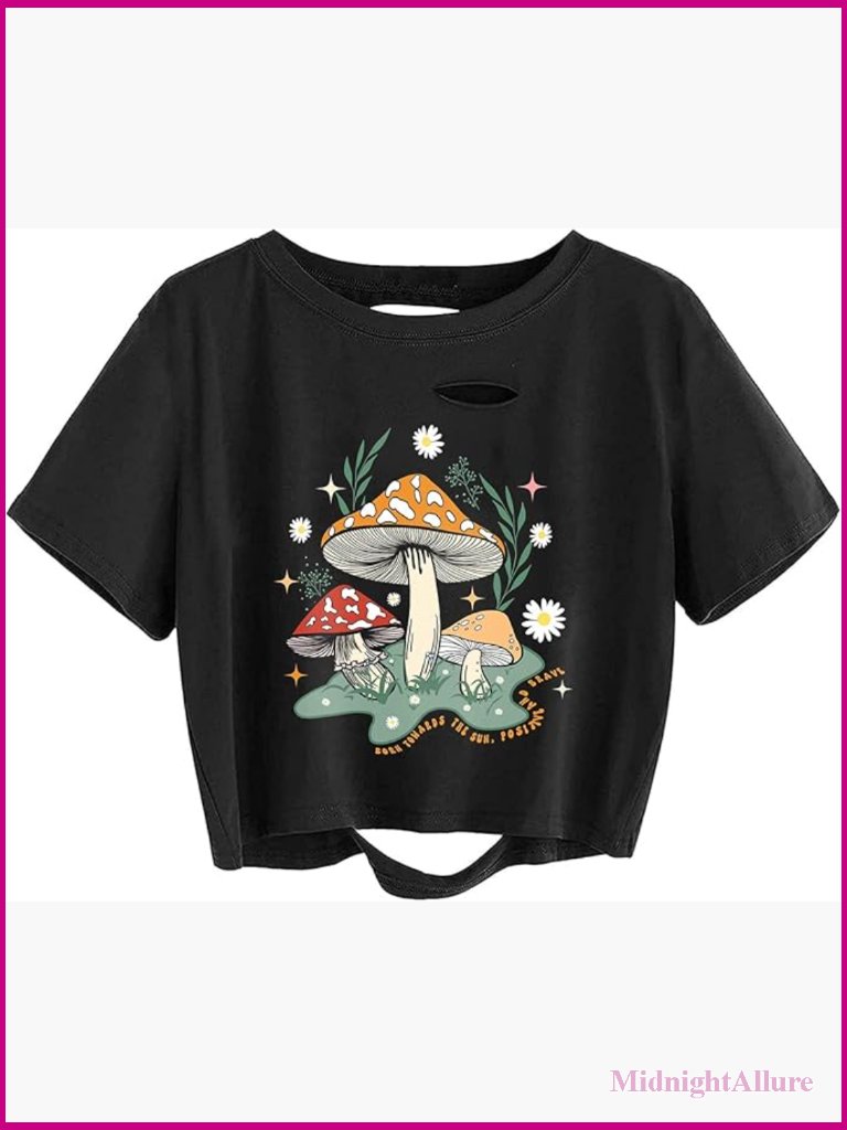 Vintage Mushroom Graphic Cropped Tee Shirt Distressed Ripped T-Shirt